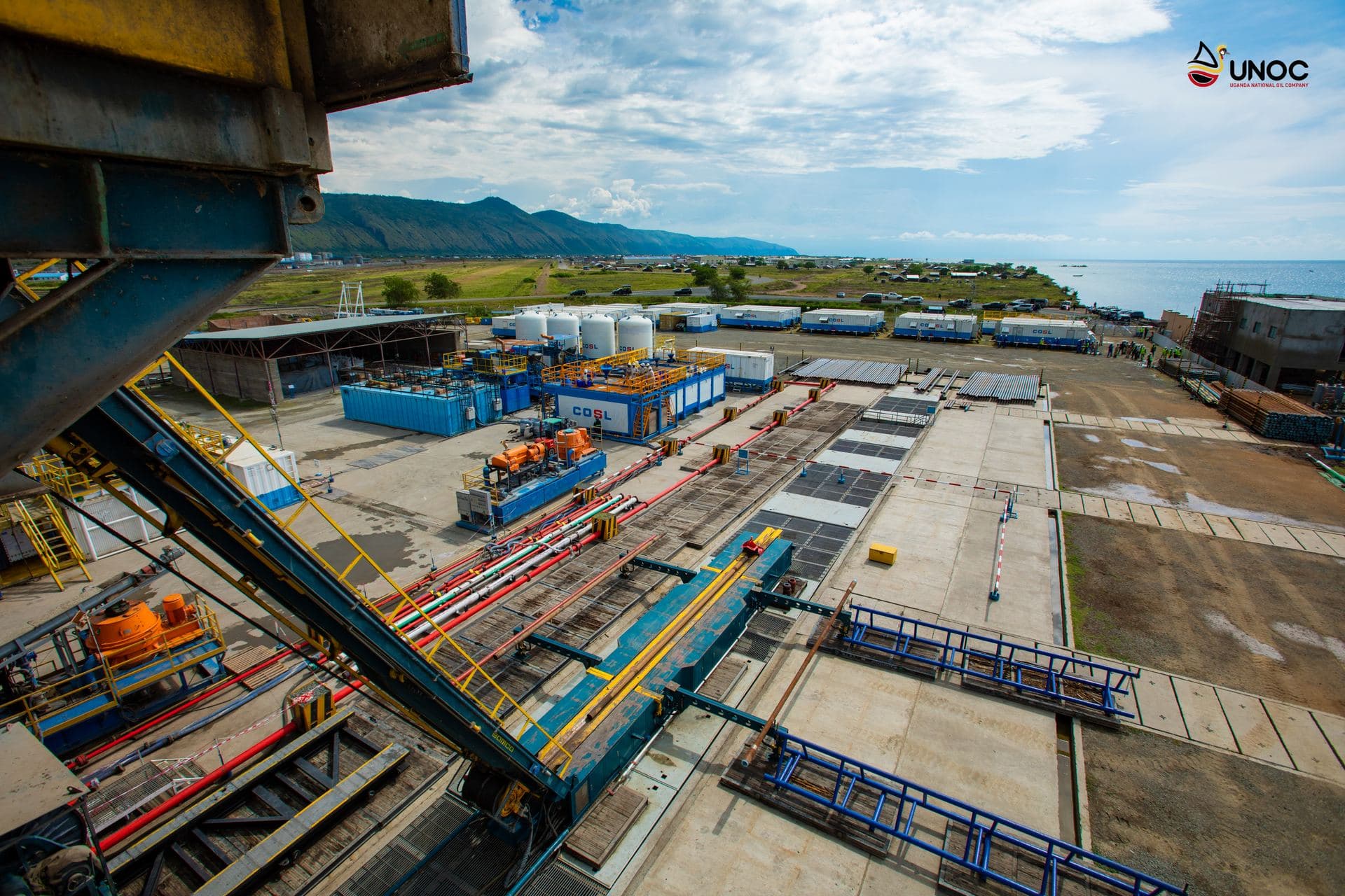 Aerial view of the Kabalega drilling support yard on the shore of Lake Albert